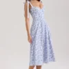 Emely Blue Floral Print Stretch Cotton Midi Sundress Emely Blue Floral Print Stretch Cotton Midi Sundress