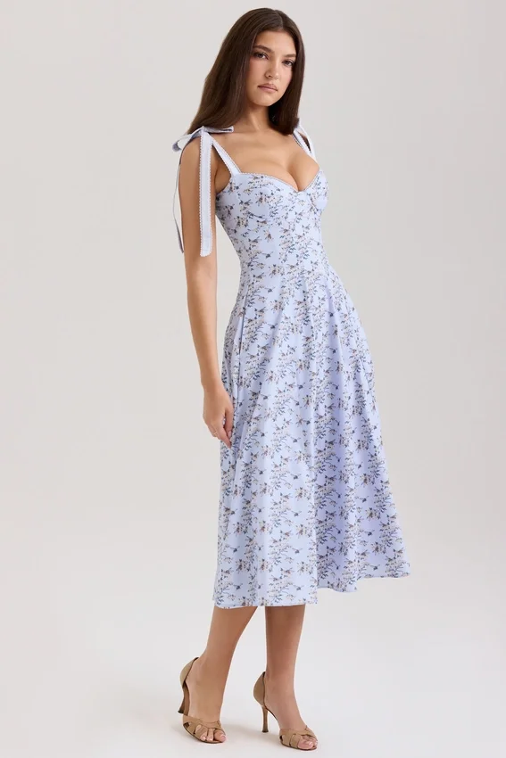 Emely Blue Floral Print Stretch Cotton Midi Sundress Emely Blue Floral Print Stretch Cotton Midi Sundress