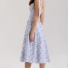 Emely Blue Floral Print Stretch Cotton Midi Sundress Emely Blue Floral Print Stretch Cotton Midi Sundress