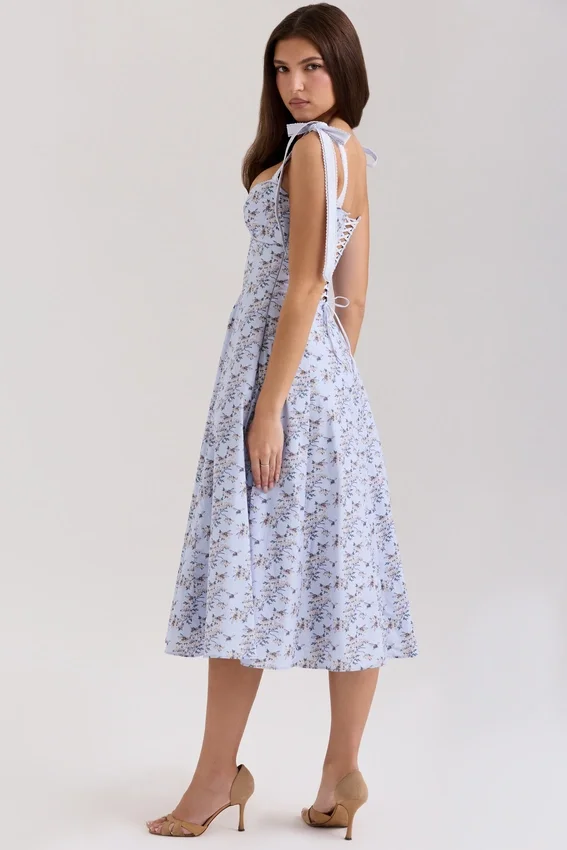Emely Blue Floral Print Stretch Cotton Midi Sundress Emely Blue Floral Print Stretch Cotton Midi Sundress