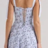 Emely Blue Floral Print Stretch Cotton Midi Sundress Emely Blue Floral Print Stretch Cotton Midi Sundress