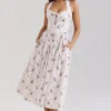 Emilia Cream Floral Print Stretch Cotton Halter Neck Midi Dress Emilia Cream Floral Print Stretch Cotton Halter Neck Midi Dress