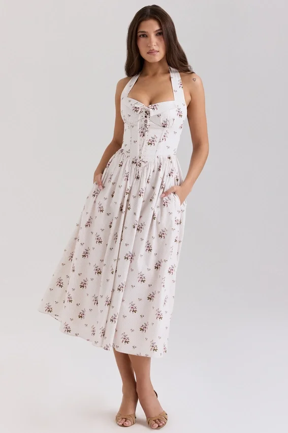 Emilia Cream Floral Print Stretch Cotton Halter Neck Midi Dress Emilia Cream Floral Print Stretch Cotton Halter Neck Midi Dress