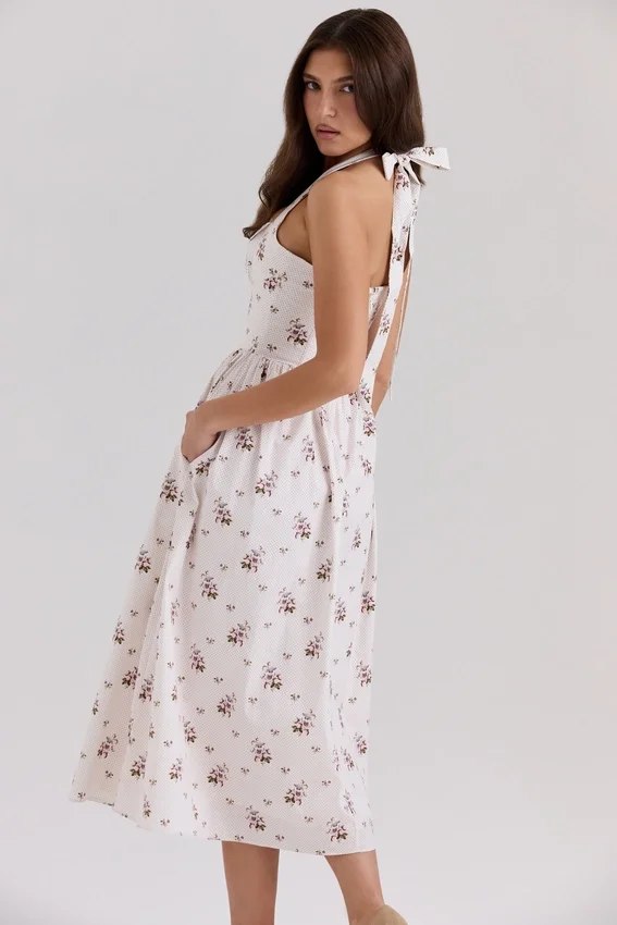 Emilia Cream Floral Print Stretch Cotton Halter Neck Midi Dress Emilia Cream Floral Print Stretch Cotton Halter Neck Midi Dress