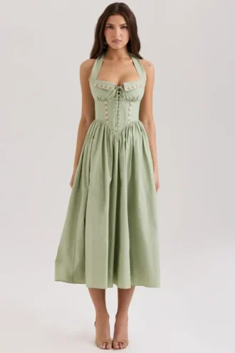 Emilia Sage Stretch Cotton Halter Neck Midi Dress