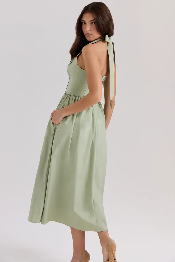 Emilia Sage Stretch Cotton Halter Neck Midi Dress Emilia Sage Stretch Cotton Halter Neck Midi Dress
