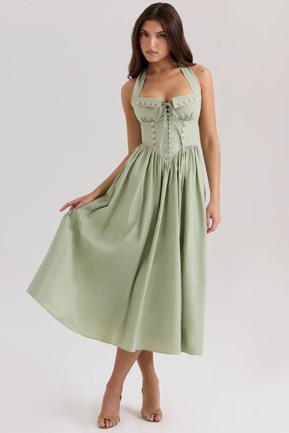Emilia Sage Stretch Cotton Halter Neck Midi Dress Emilia Sage Stretch Cotton Halter Neck Midi Dress