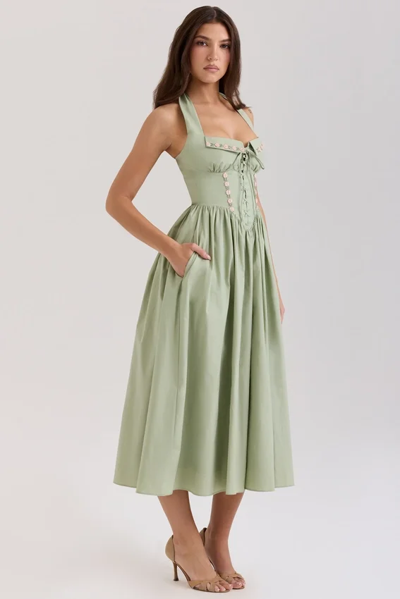 Emilia Sage Stretch Cotton Halter Neck Midi Dress Emilia Sage Stretch Cotton Halter Neck Midi Dress