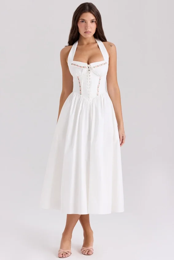 Emilia White Cotton Halter Neck Midi Dress Emilia White Cotton Halter Neck Midi Dress