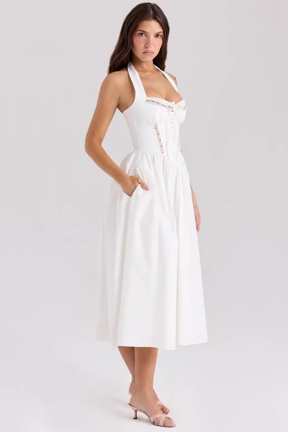 Emilia White Cotton Halter Neck Midi Dress Emilia White Cotton Halter Neck Midi Dress