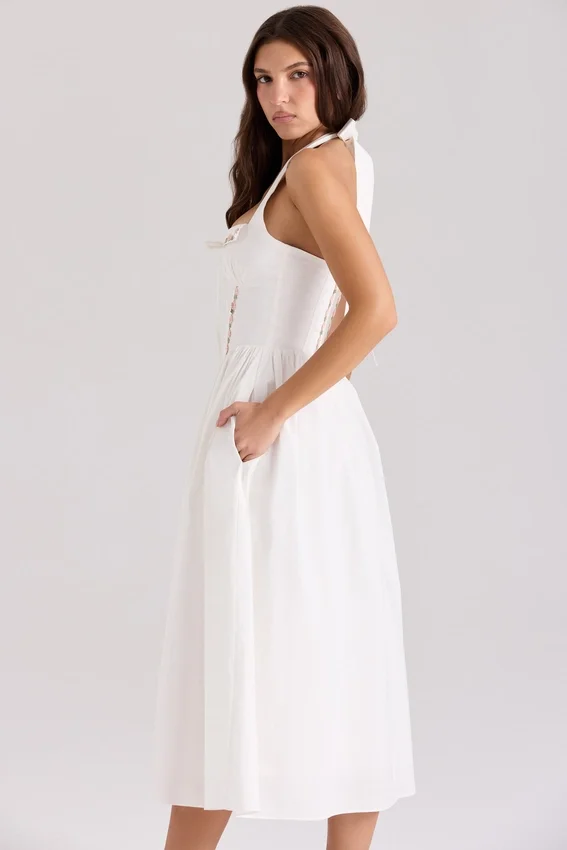 Emilia White Cotton Halter Neck Midi Dress Emilia White Cotton Halter Neck Midi Dress