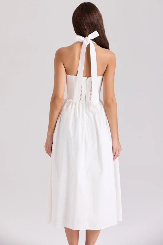 Emilia White Cotton Halter Neck Midi Dress Emilia White Cotton Halter Neck Midi Dress