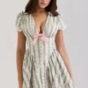 Emiliana Green Stripe Floral Print Stretch Cotton Mini Dress Emiliana Green Stripe Floral Print Stretch Cotton Mini Dress