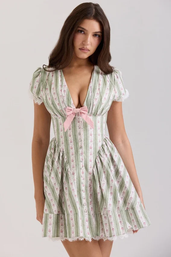 Emiliana Green Stripe Floral Print Stretch Cotton Mini Dress Emiliana Green Stripe Floral Print Stretch Cotton Mini Dress
