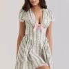 Emiliana Green Stripe Floral Print Stretch Cotton Mini Dress Emiliana Green Stripe Floral Print Stretch Cotton Mini Dress