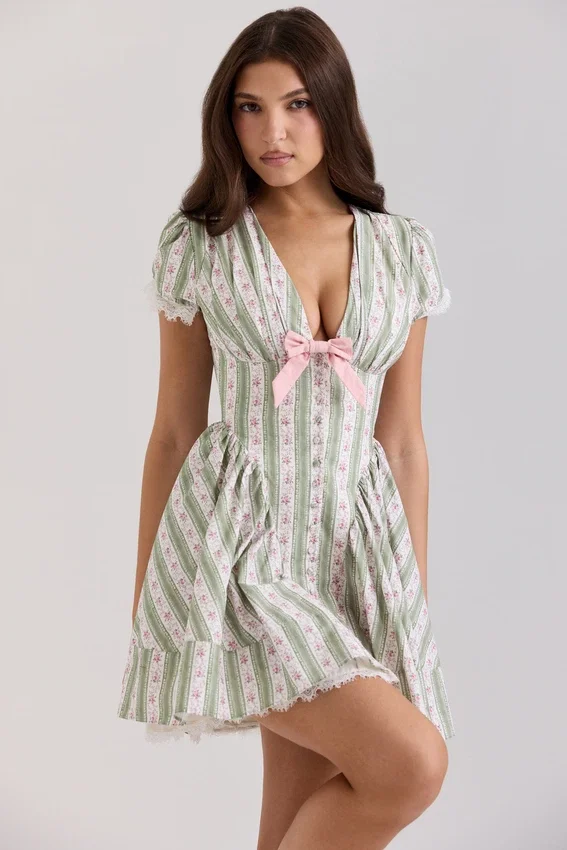 Emiliana Green Stripe Floral Print Stretch Cotton Mini Dress Emiliana Green Stripe Floral Print Stretch Cotton Mini Dress