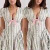 Emiliana Green Stripe Floral Print Stretch Cotton Mini Dress Emiliana Green Stripe Floral Print Stretch Cotton Mini Dress