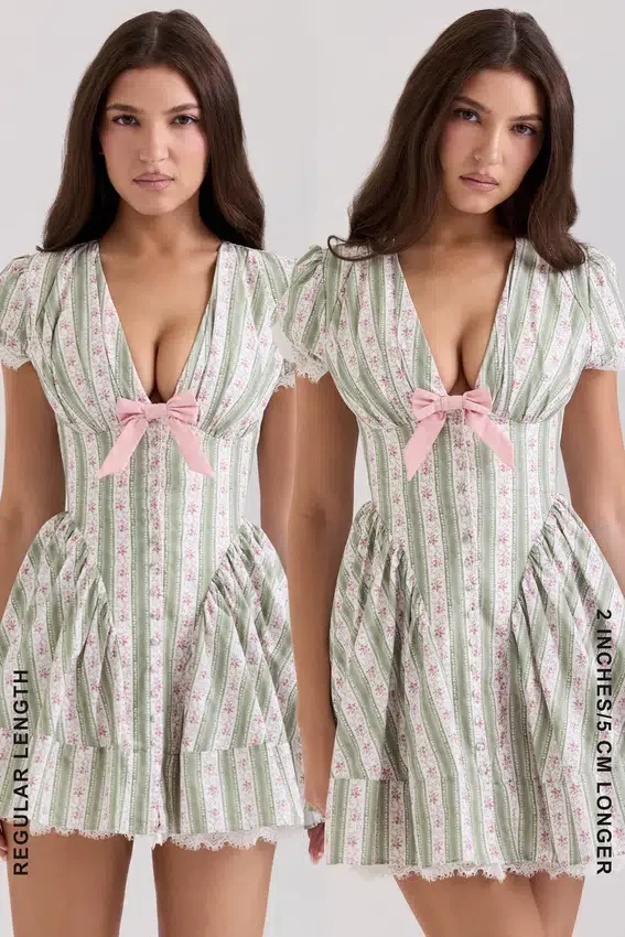 Emiliana Green Stripe Floral Print Stretch Cotton Mini Dress Emiliana Green Stripe Floral Print Stretch Cotton Mini Dress