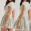 Emiliana Green Stripe Floral Print Stretch Cotton Mini Dress Emiliana Green Stripe Floral Print Stretch Cotton Mini Dress