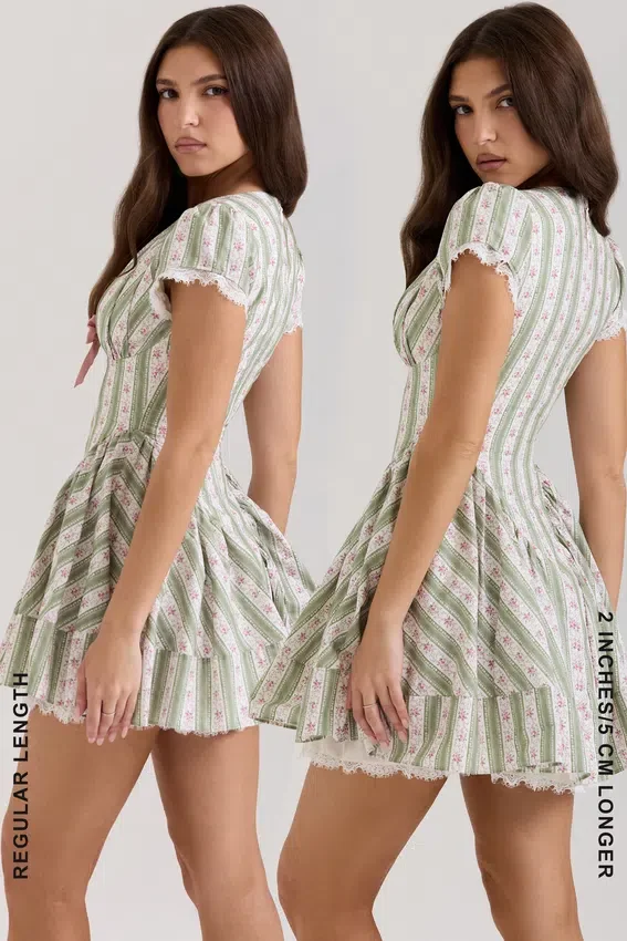 Emiliana Green Stripe Floral Print Stretch Cotton Mini Dress Emiliana Green Stripe Floral Print Stretch Cotton Mini Dress