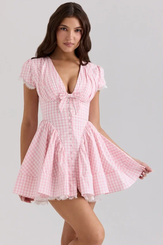 Emiliana Pink Gingham Cotton Mini Dress Emiliana Pink Gingham Cotton Mini Dress