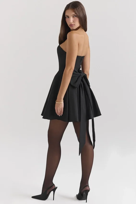 Emmanuela Black Strapless Detachable Bow Mini Dress Emmanuela Black Strapless Detachable Bow Mini Dress