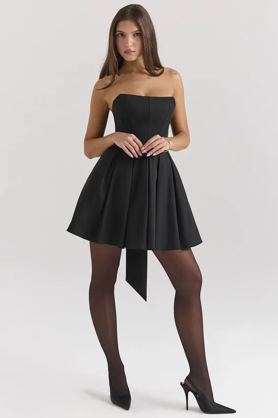 Emmanuela Black Strapless Detachable Bow Mini Dress Emmanuela Black Strapless Detachable Bow Mini Dress