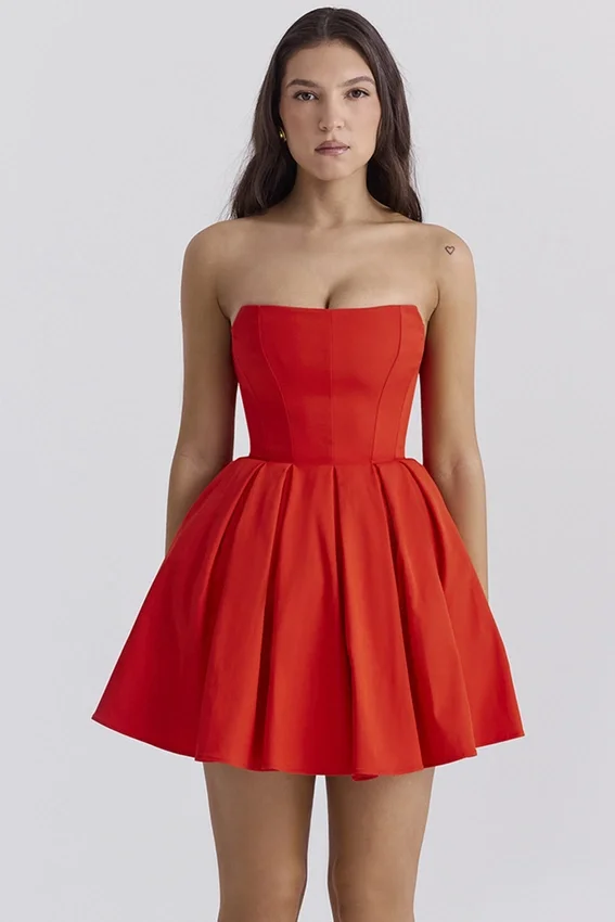 Emmanuela Italian Tomato Strapless Pleated Mini Dress Emmanuela Italian Tomato Strapless Pleated Mini Dress