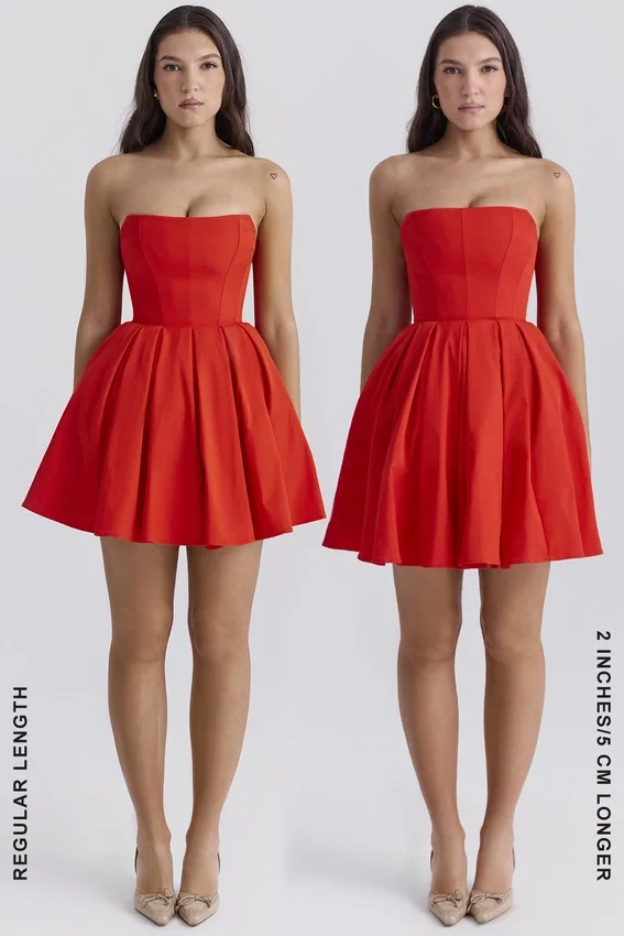 Emmanuela Italian Tomato Strapless Pleated Mini Dress Emmanuela Italian Tomato Strapless Pleated Mini Dress