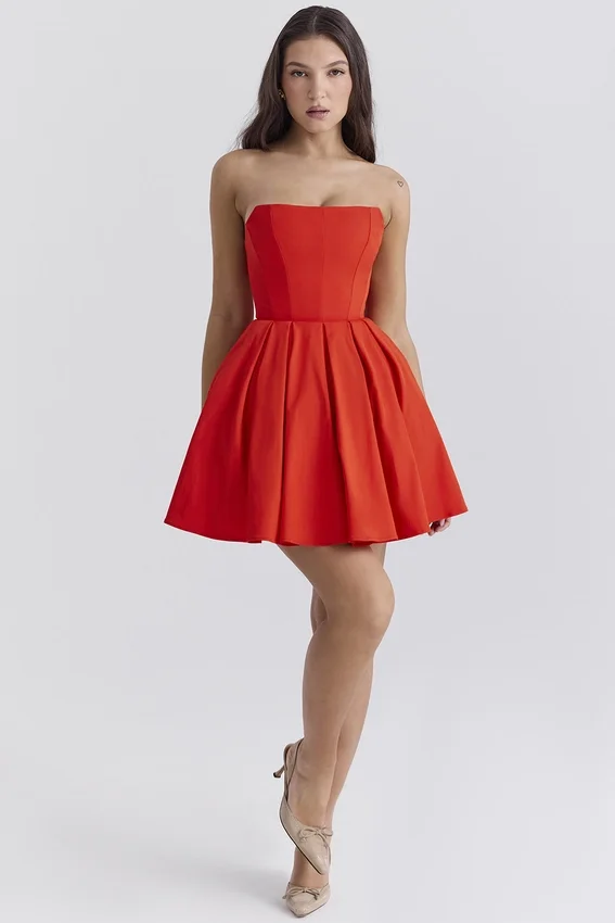 Emmanuela Italian Tomato Strapless Pleated Mini Dress Emmanuela Italian Tomato Strapless Pleated Mini Dress