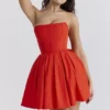 Emmanuela Italian Tomato Strapless Pleated Mini Dress Emmanuela Italian Tomato Strapless Pleated Mini Dress