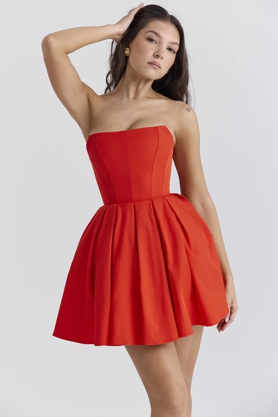 Emmanuela Italian Tomato Strapless Pleated Mini Dress Emmanuela Italian Tomato Strapless Pleated Mini Dress