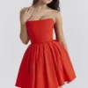 Emmanuela Italian Tomato Strapless Pleated Mini Dress Emmanuela Italian Tomato Strapless Pleated Mini Dress