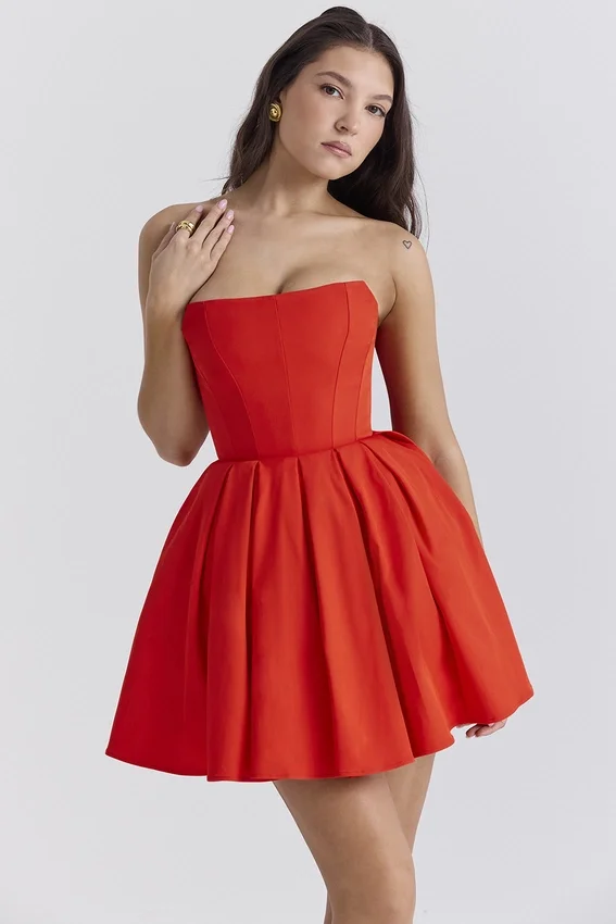 Emmanuela Italian Tomato Strapless Pleated Mini Dress Emmanuela Italian Tomato Strapless Pleated Mini Dress