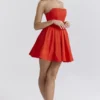 Emmanuela Italian Tomato Strapless Pleated Mini Dress Emmanuela Italian Tomato Strapless Pleated Mini Dress