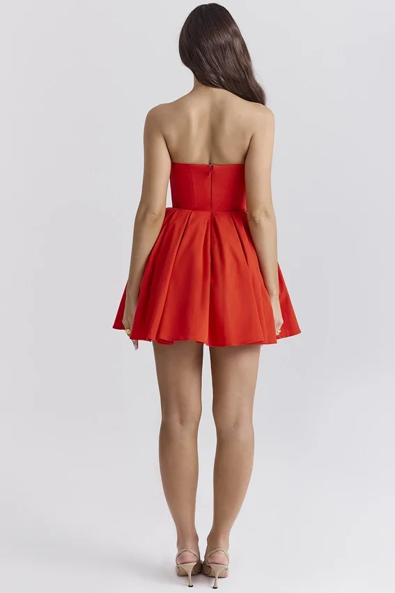 Emmanuela Italian Tomato Strapless Pleated Mini Dress Emmanuela Italian Tomato Strapless Pleated Mini Dress