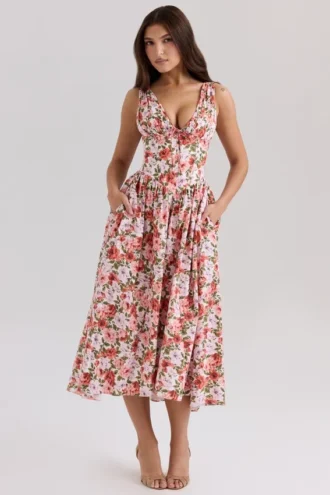 Emmelina Floral Rose Print Stretch Cotton Corset Sundress Emmelina Floral Rose Print Stretch Cotton Corset Sundress