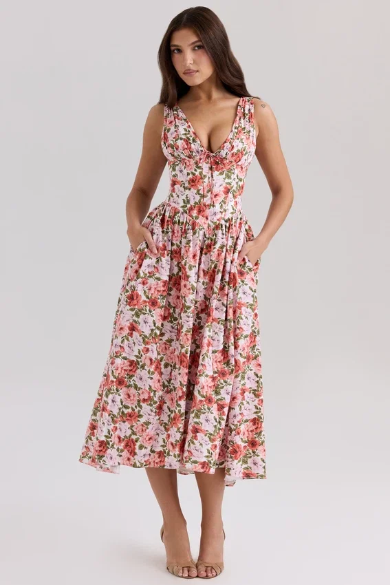 Emmelina Floral Rose Print Stretch Cotton Corset Sundress Emmelina Floral Rose Print Stretch Cotton Corset Sundress