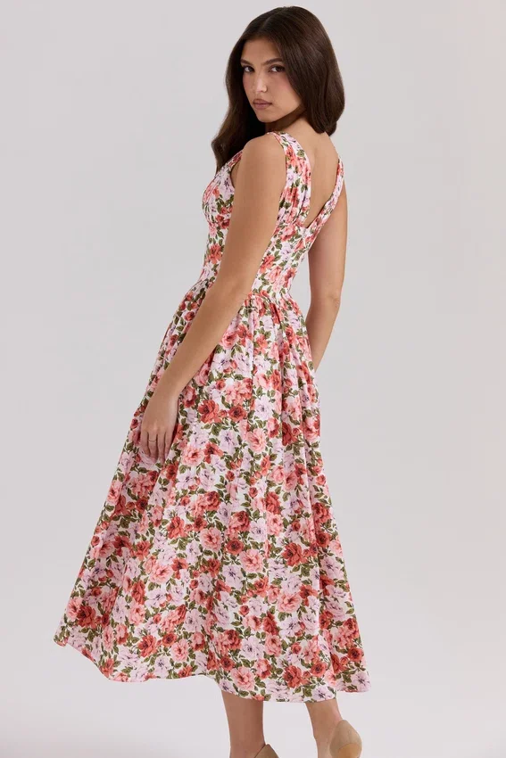 Emmelina Floral Rose Print Stretch Cotton Corset Sundress Emmelina Floral Rose Print Stretch Cotton Corset Sundress