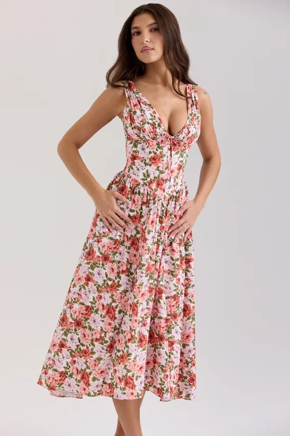 Emmelina Floral Rose Print Stretch Cotton Corset Sundress Emmelina Floral Rose Print Stretch Cotton Corset Sundress