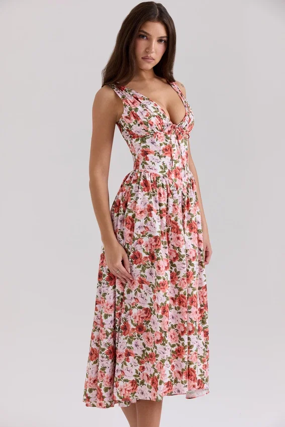Emmelina Floral Rose Print Stretch Cotton Corset Sundress Emmelina Floral Rose Print Stretch Cotton Corset Sundress