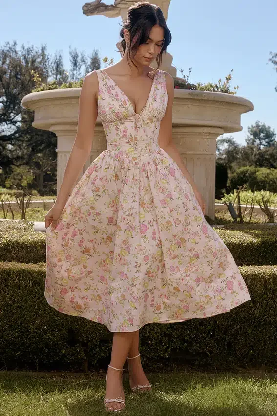 Emmelina Pink Meadow Print Cotton Corset Sundress Emmelina Pink Meadow Print Cotton Corset Sundress