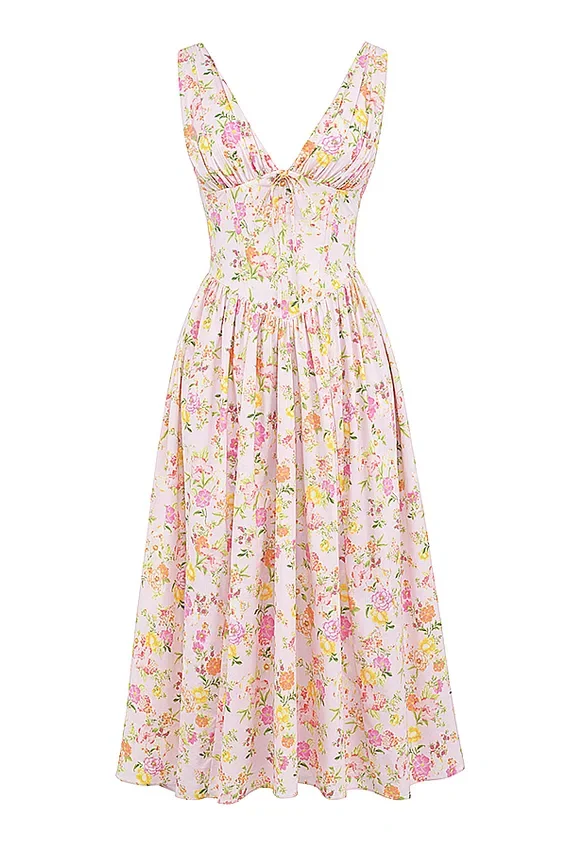 Emmelina Pink Meadow Print Cotton Corset Sundress Emmelina Pink Meadow Print Cotton Corset Sundress