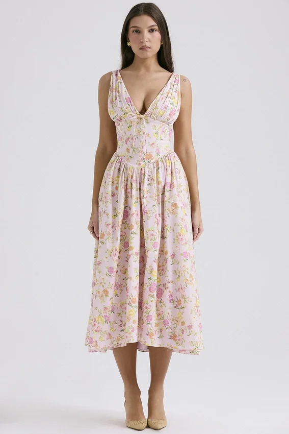 Emmelina Pink Meadow Print Cotton Corset Sundress Emmelina Pink Meadow Print Cotton Corset Sundress