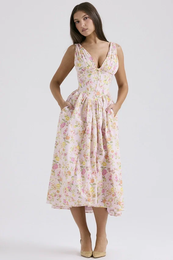 Emmelina Pink Meadow Print Cotton Corset Sundress Emmelina Pink Meadow Print Cotton Corset Sundress