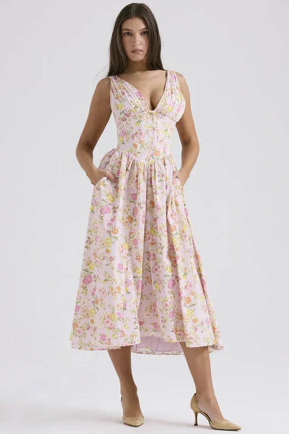 Emmelina Pink Meadow Print Cotton Corset Sundress Emmelina Pink Meadow Print Cotton Corset Sundress