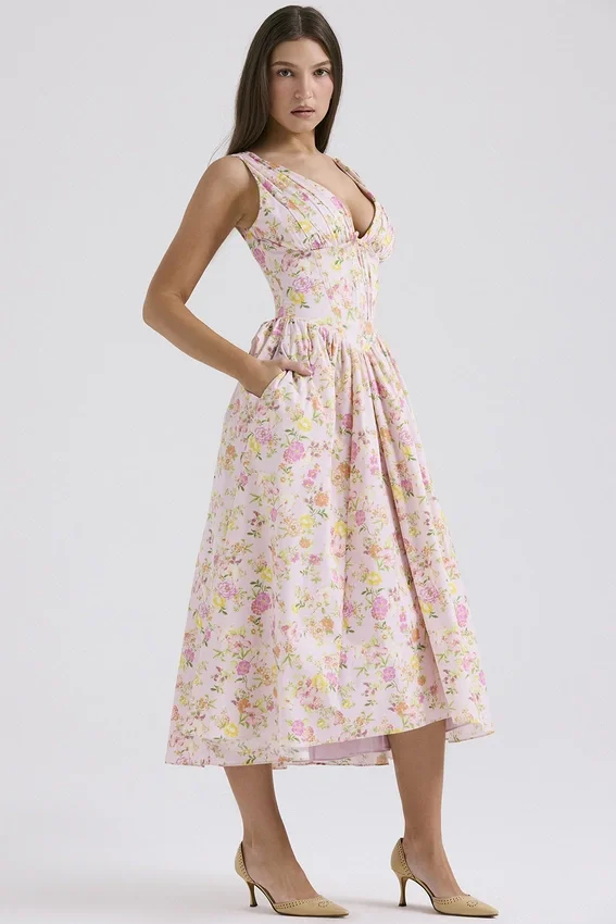 Emmelina Pink Meadow Print Cotton Corset Sundress Emmelina Pink Meadow Print Cotton Corset Sundress