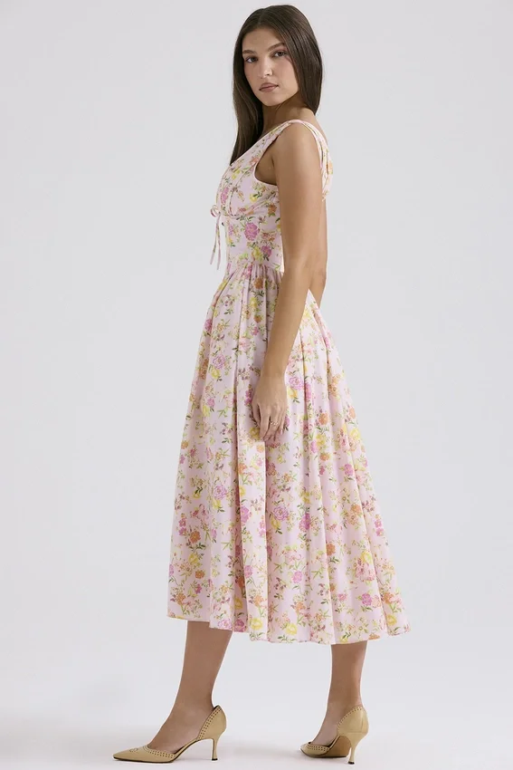 Emmelina Pink Meadow Print Cotton Corset Sundress Emmelina Pink Meadow Print Cotton Corset Sundress