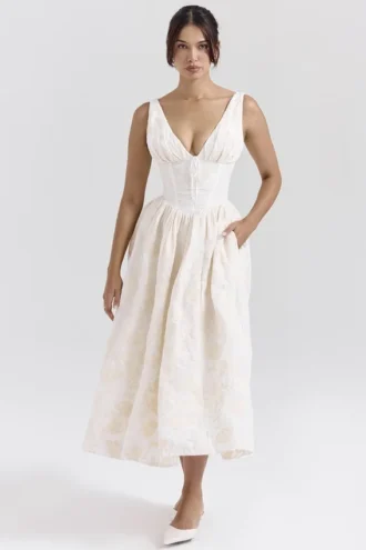 Emmelina Vintage Ivory Floral Embroidered Corset Sundress