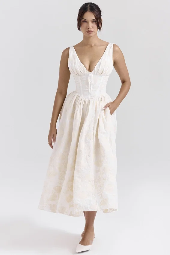 Emmelina Vintage Ivory Floral Embroidered Corset Sundress Emmelina Vintage Ivory Floral Embroidered Corset Sundress